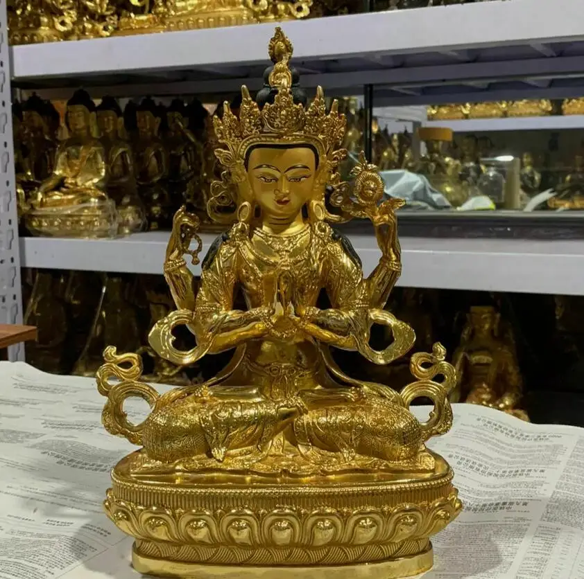 

12"/30cm Genuine Bronze Gilt Chenrezig Guanyin 4 arms armed Kwan-yin Statues