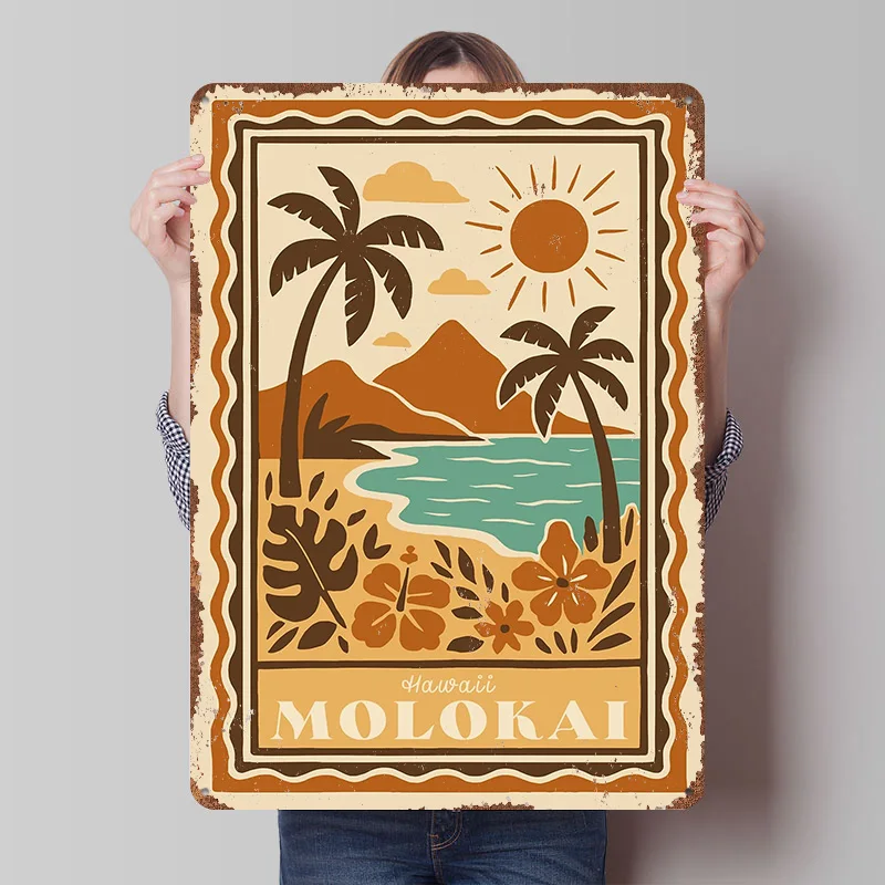 Póster Metálico de la Playa Tropical de Molokai, Hawái, Arte de Pared Personalizado, Letreros Retro Vintage de Hojalata para Decoración de Cuartos de Hombre, Bares