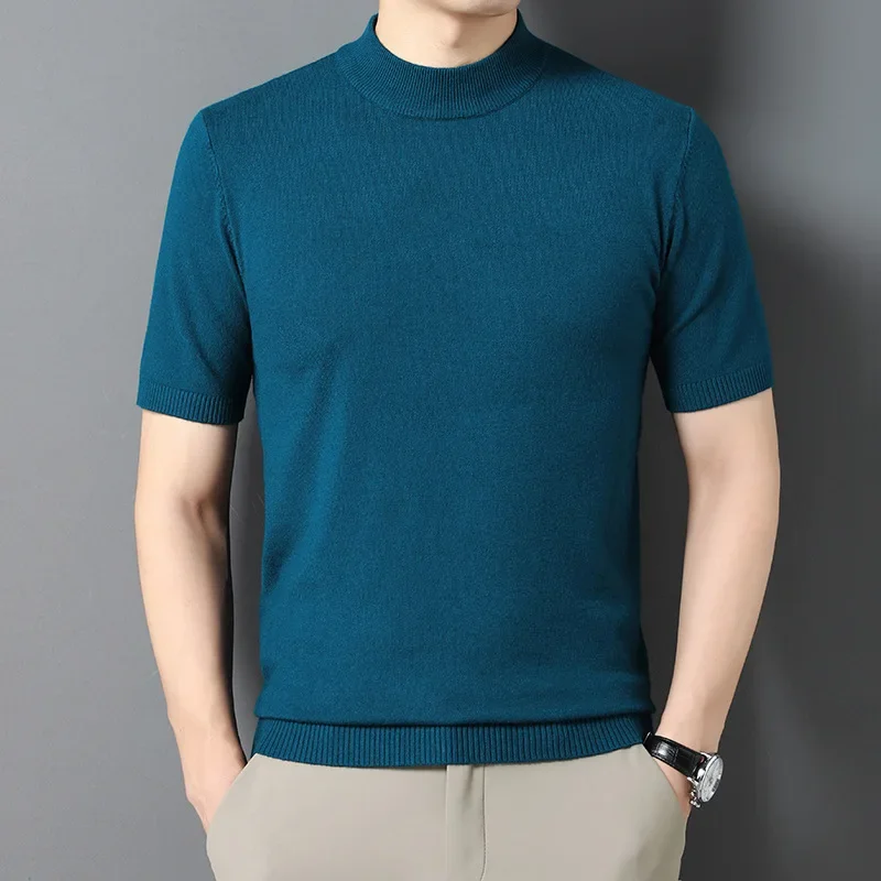 GELITAYIN Knitted Short Sleeves Men's Half High Collar Casual Slim Fit Solid Color Tops Korean Pullover Summer Fall Men's Bottom