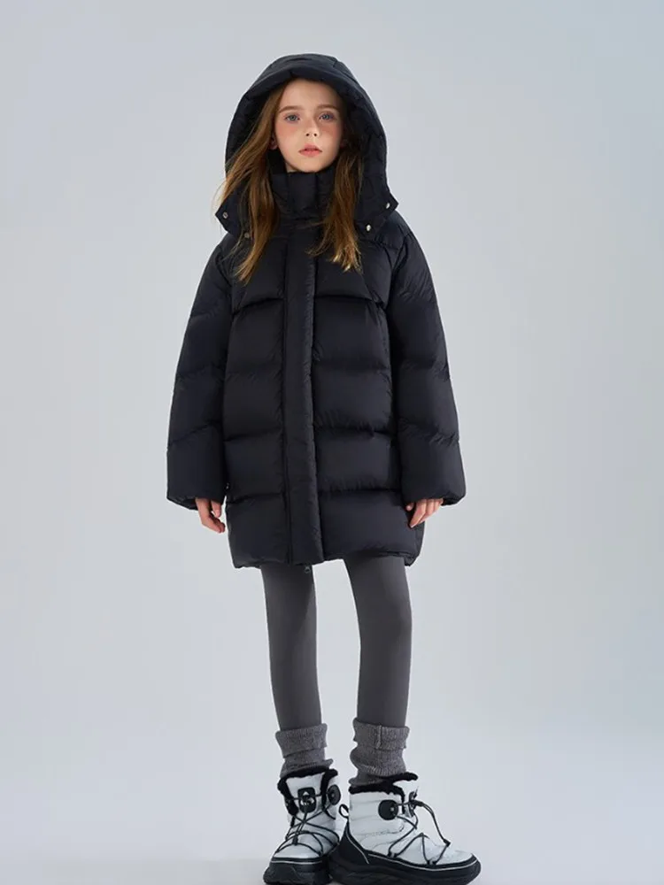 Mädchen Winter Kapuzen-Pufferjacke, mittellange, dicke, warme Daunenjacke für Kinder, einfarbig, winddichte Oberbekleidung für ältere Mädchen, Schneemantel. – Detail 9