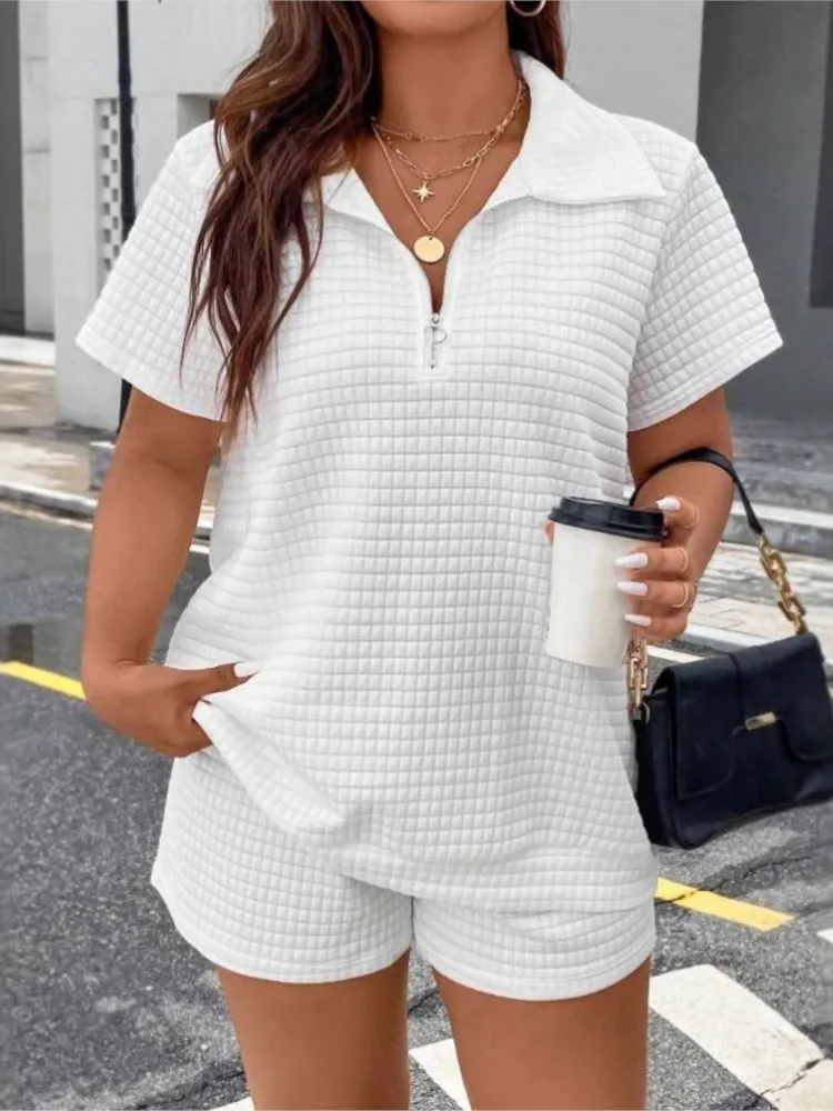 

Women's Casual White Black Set Fashion V Neck Zip Short Sleeve Pullover Top+Shorts 2 Piece Sets For Women Summer Womens Clothing