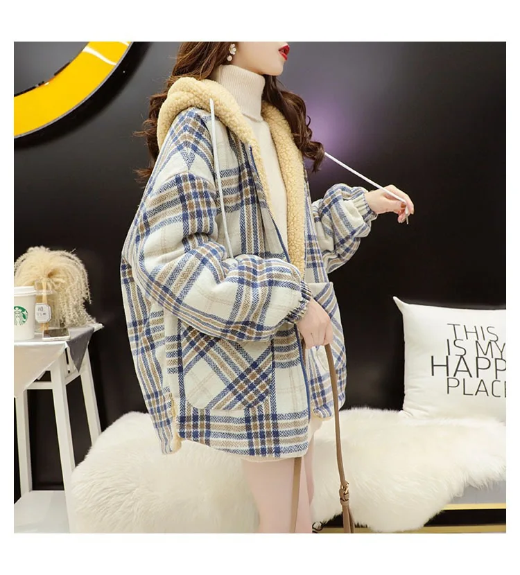 2025 otoño de talla grande de terciopelo de cordero acolchado Casual a cuadros con capucha abrigo de mujer perezoso viento suelto invierno nuevo diseño chaqueta marea prendas de vestir exteriores