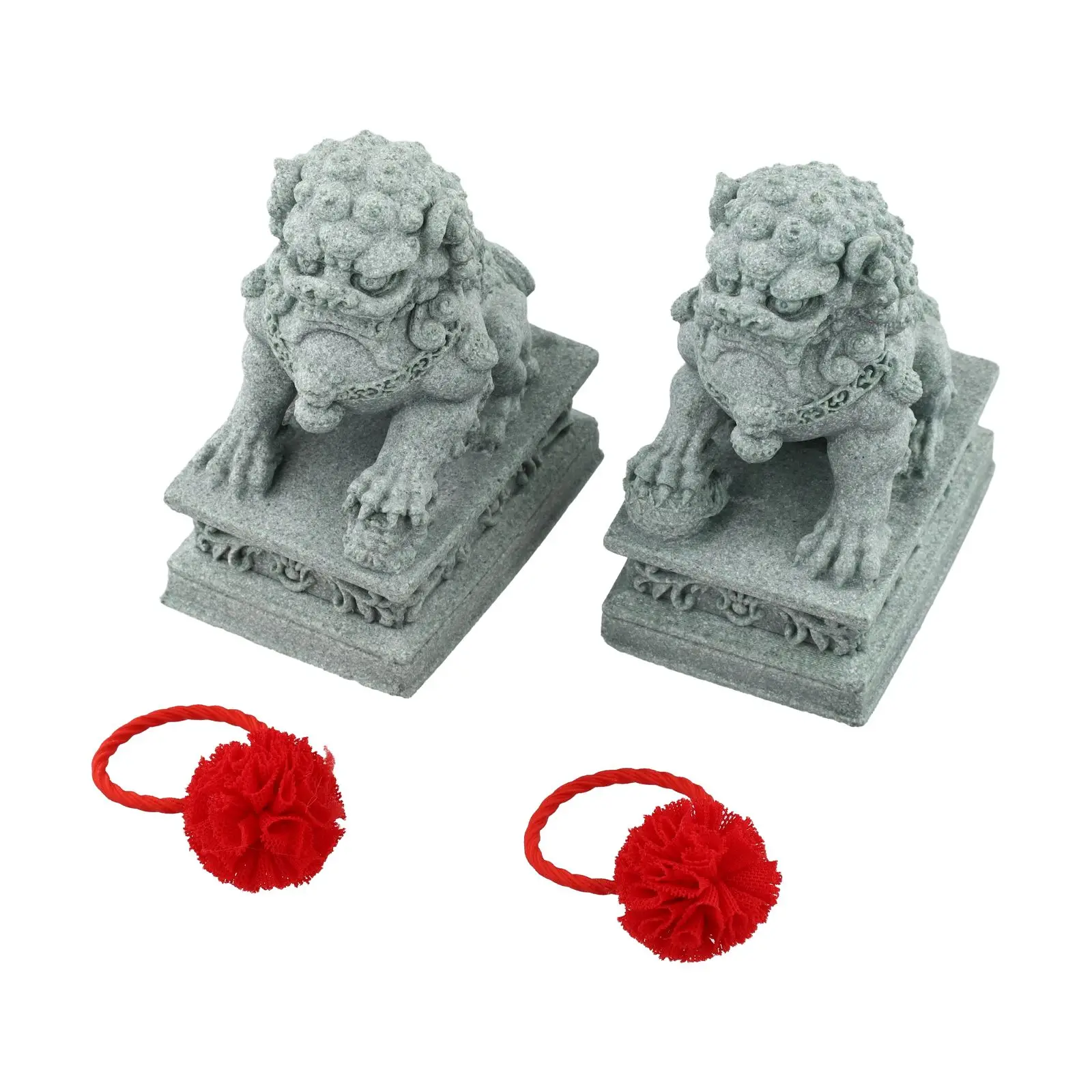1 Pair Sandstone Fu Foo Dogs Lion Statues for Feng Shui to Protect Against Evil Influences and Enhance Wealth in Home or Garden
