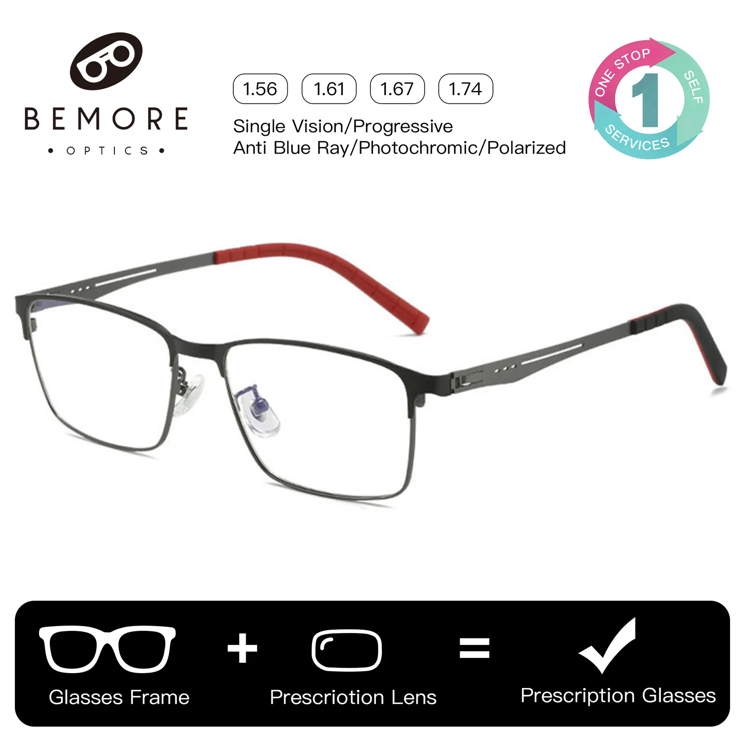 BEMORE Rectangle Prescription Eyeglasses Metal Anti-Blue Light Photochromic Progressive Myopia Reading Glasses Men
