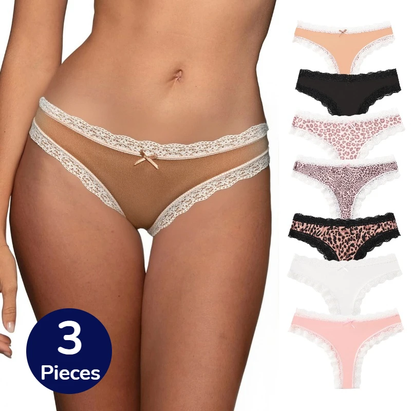 BZEL 3PCS Spitze Damen Höschen Französisch Tangas Leopard Sexy Dessous Blumen Weiche Unterwäsche Bequeme Atmungsaktive G-Strings Verkauf