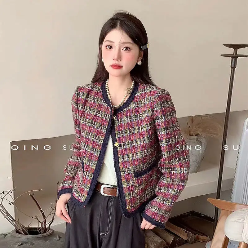 

2024 Women's Spring Autumn Fashion Short Tweed Coats Female O-neck Pockets Jackets Ladies Long Sleeve Plaid Overcoats Q234