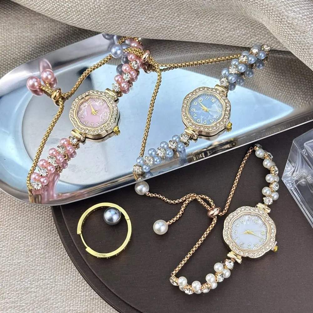 Double-Row Pearl Pull-Open Bracelet Watch Diamond-Encrusted Case Adjustable Strap Ladies Quartz Watch Chain Watch Women Girls