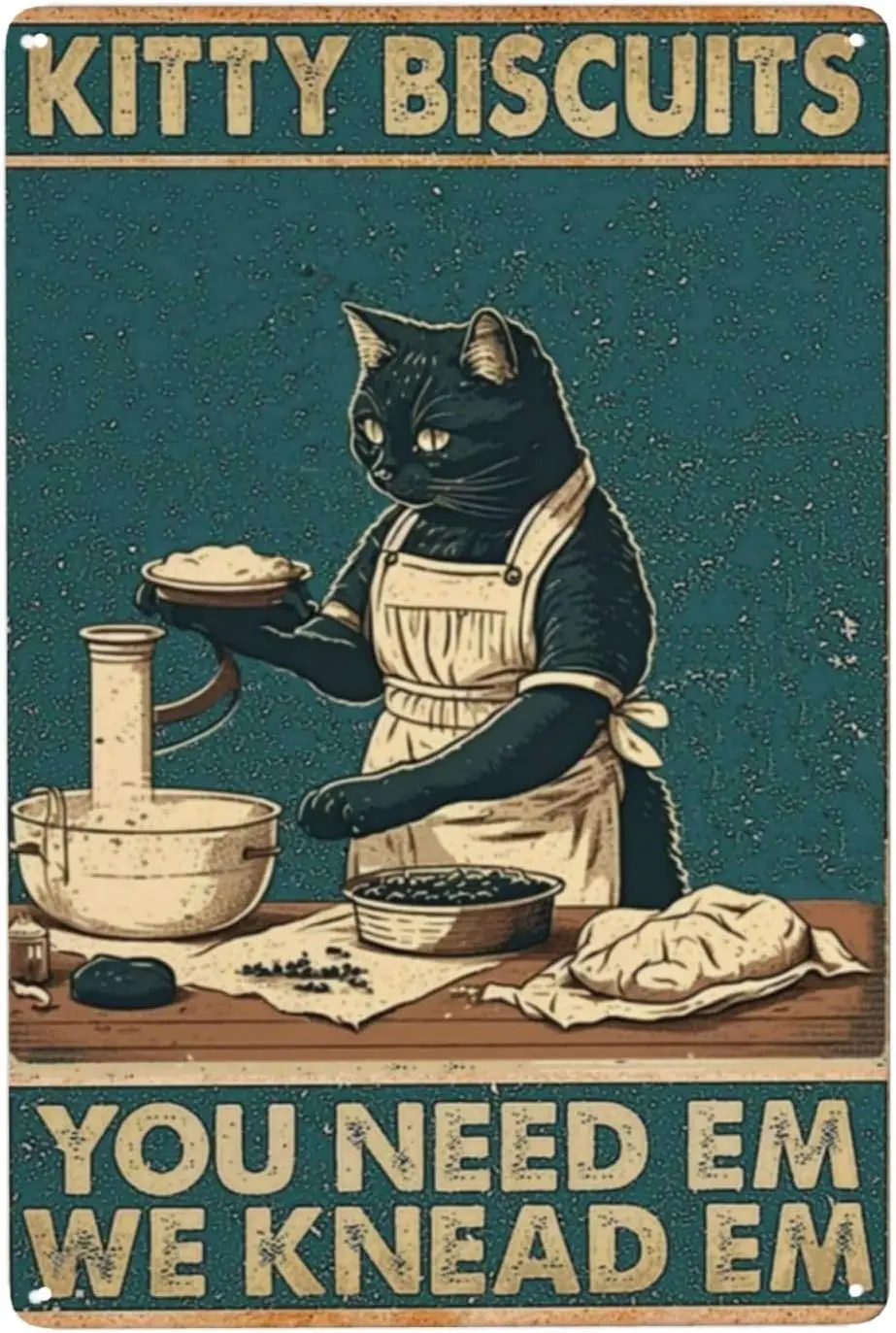 ;Simplistic Cartoon Metal Tin Sign - Mama Cat Cooking Kitty Biscuits! Perfect Party Decoration or Vintage Garage Car Themed Even