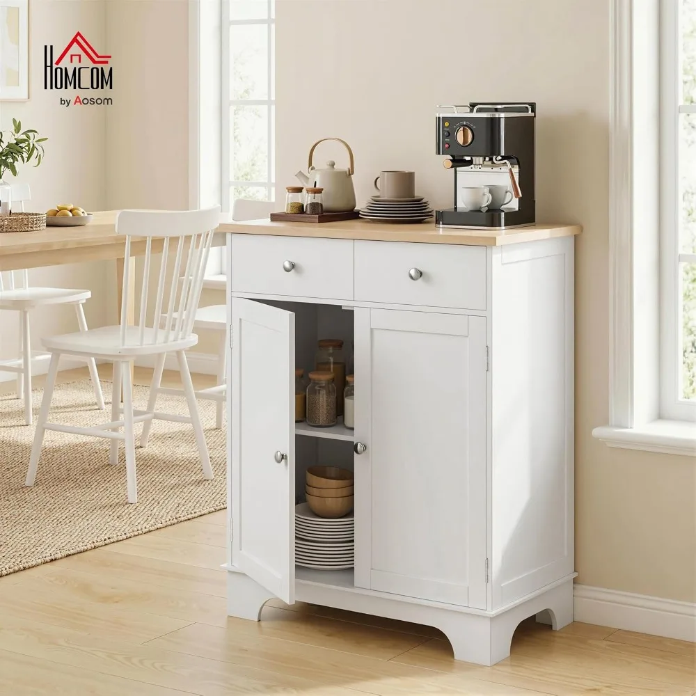 HOMCOM Sideboard Buffet Cabinet Solid Wood Countertop White | Modern Kitchen Storage, Coffee Bar Cabinet, 2 Drawers, Doors, Adjustable Shelf