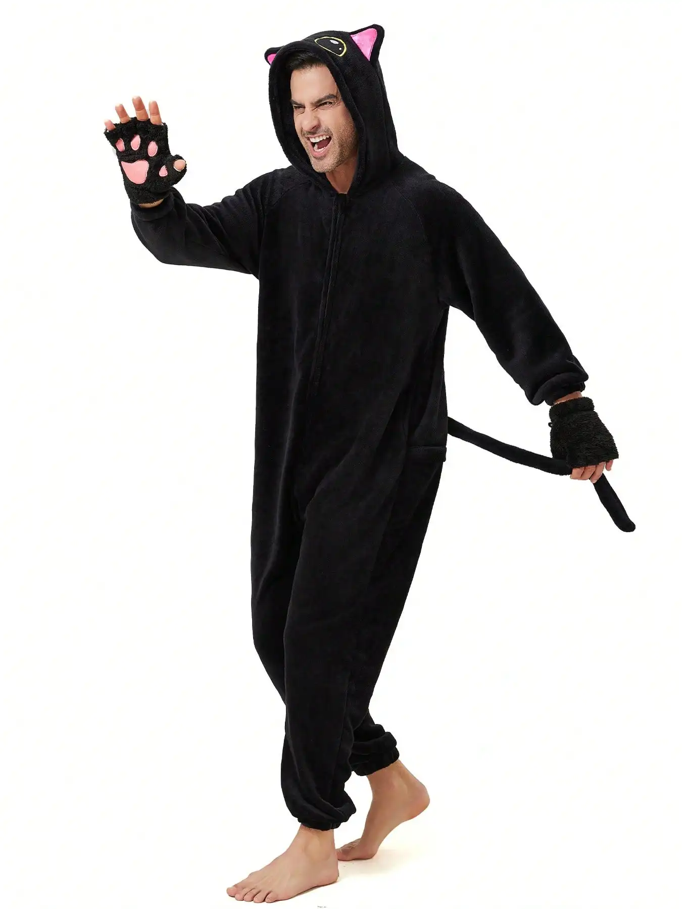 Adult black cat jumpsuit pajamas cat paw gloves couple outfit cosplay cute cat dressing up for men and women