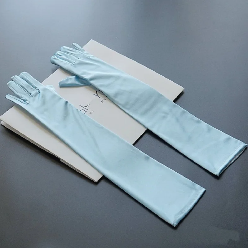 Guantes largos de satén elásticos brillantes, verde, naranja, azul, longitud de ópera, fiesta de graduación Formal, guantes de dedo dorado, gant