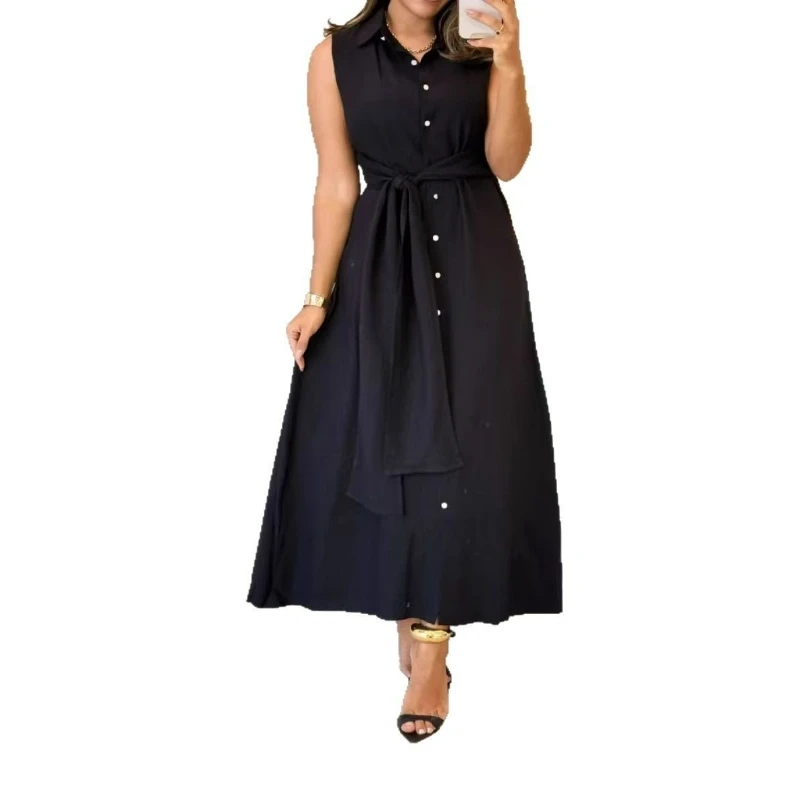 Commerce extérieur femmes vêtements nouveau élégant et polyvalent mode sans manches taille chemise robe femmes longue robe tempérament élégant