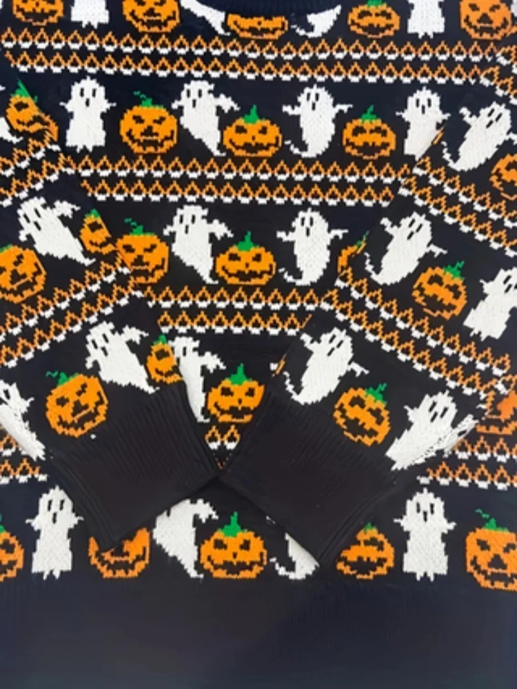 2024 sweter damski Halloween gotycki nadruk w dynię kobiecy elegancki modny sweter jesienno-zimowy ciepły sweter z dzianiny