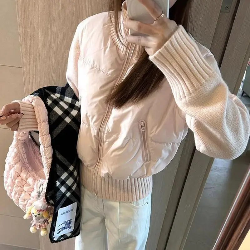 Korean Sweet Cotton Jacket with Knitted Sleeves Women's Cotton-Padded Clothes Autumn Winter Short Warm Outer Wear Versatile 2