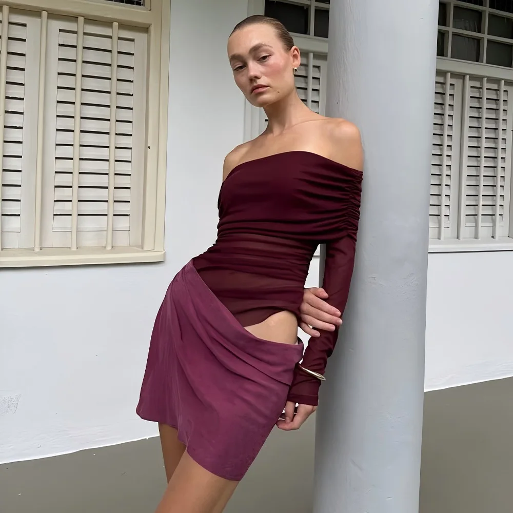 2025年夏新作　スパイシーホットガール　セクシーメッシュボディコンミディドレス　長袖　ルーシュカットアウトガウン　スクエアネック　メッシュドレス