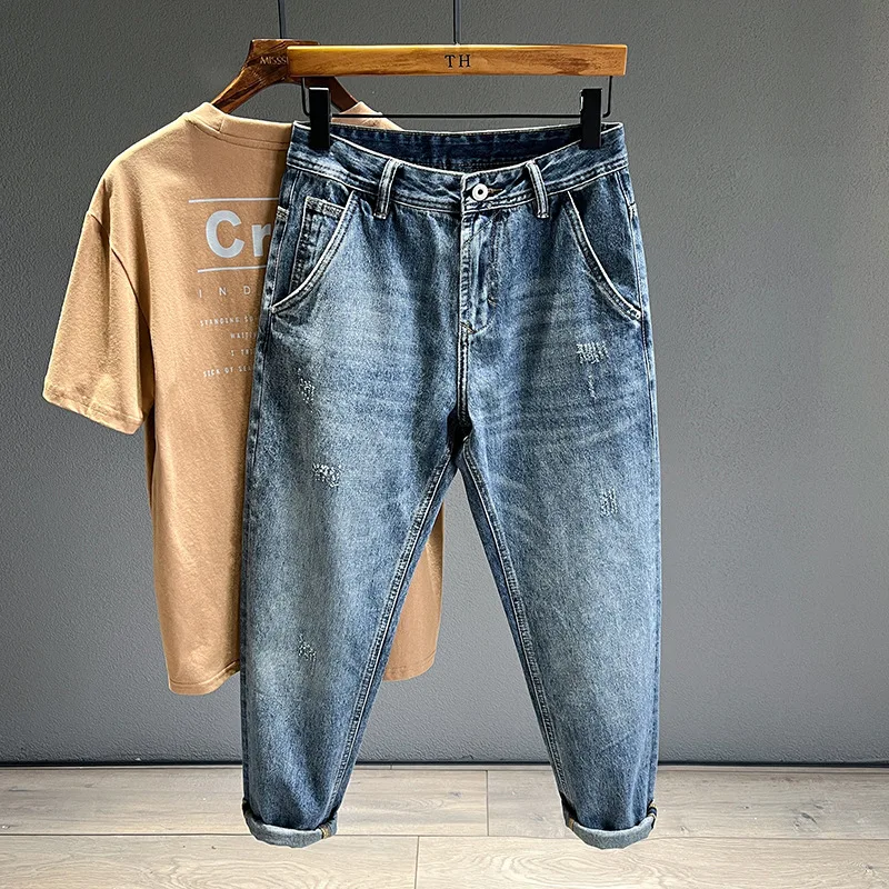 2024 New Men'S Jeans Loose Straight Leg Thin Men'S Pants Fashion Trend Casual Street Blue Denim Nine-Point Pants Men