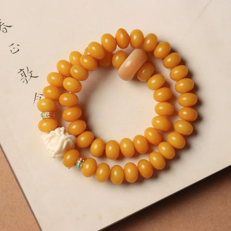 

Браслет-кольцо Double Loop Lion Running Ring с натуральными состаренными бусинами из корня Бодхи, браслет на запястье из корня Бодхи цвета яичного желтка, подарки