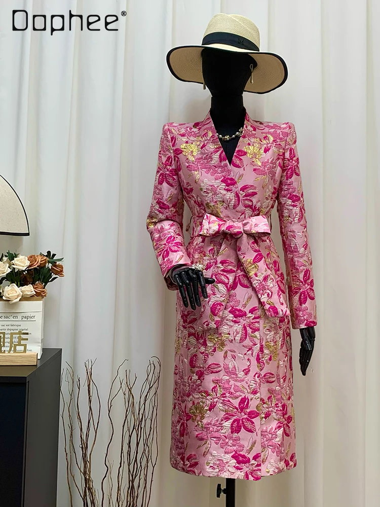 

Autumn Winter Elegant Socialite Stand Collar Slim Trench Coat Heavy Embroidery Jacquard New Chinese Style V-neck Mid-length Coat