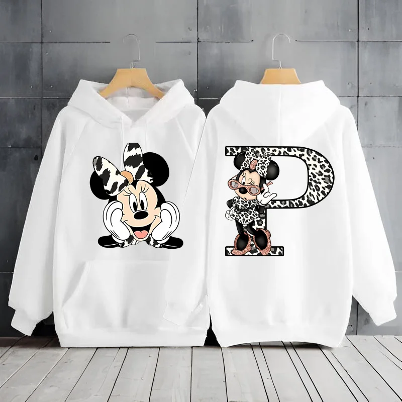 Cute Leopard Minnie Mouse 26 English Alphabet Hoodie Woman Clothing Y2k Clothes Sweatshirts Long Sleeve Woman Clothes Hoodie