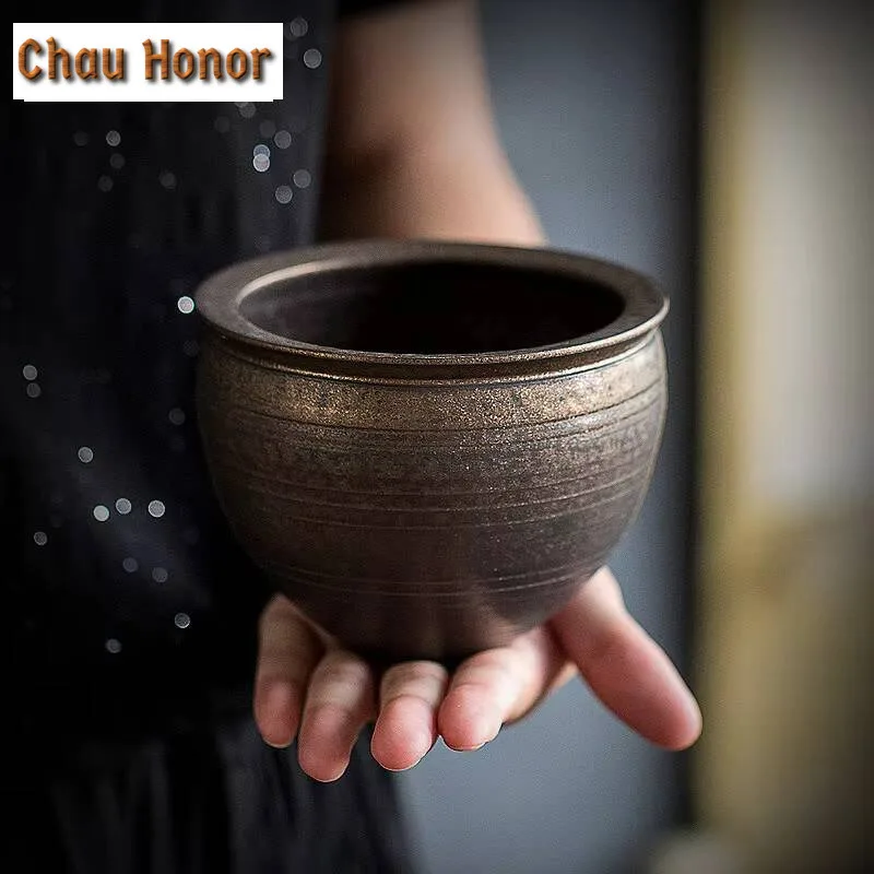 550ml Handmade Iron Rust Glaze Jianshui Ancient Coarse Pottery Tea Washing Basin Writing-brush Washer Chaxi Teaware Ornaments