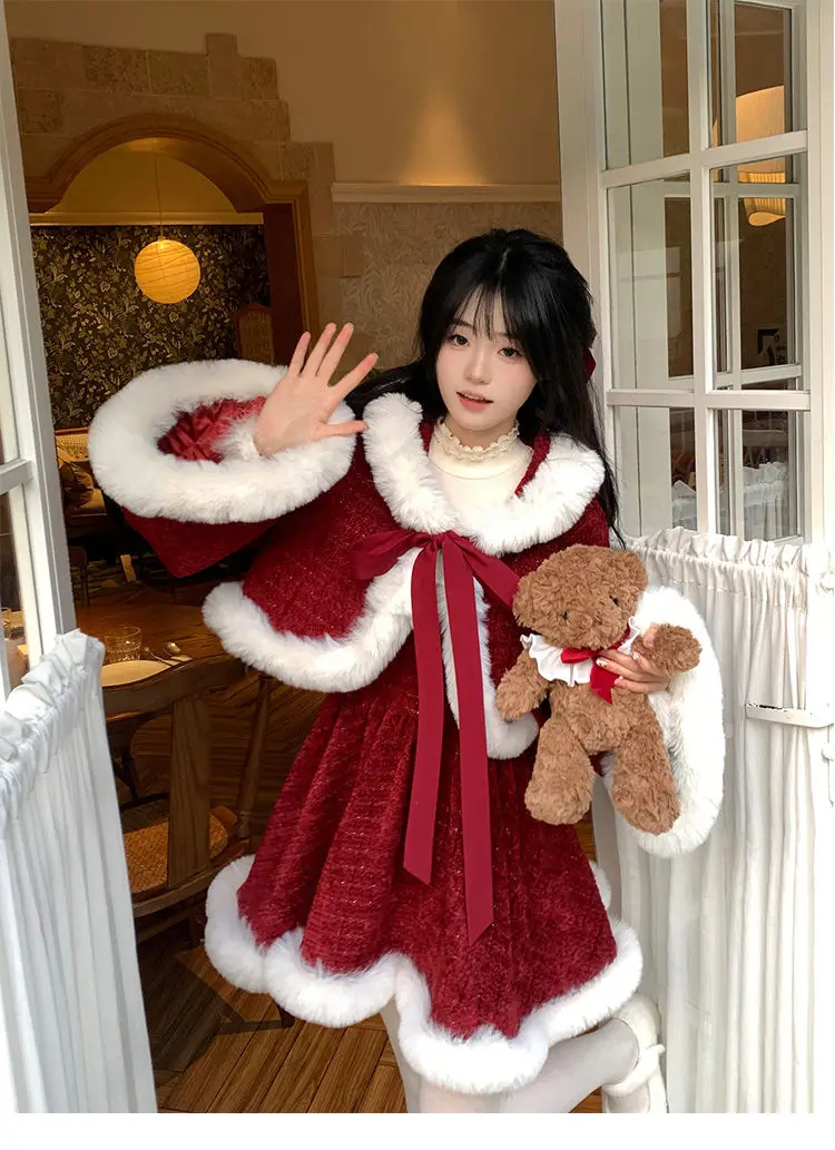 

Winter Christmas Suit Lace-up Coat With Bow And Fur Stitching Dress For Women 2025 new