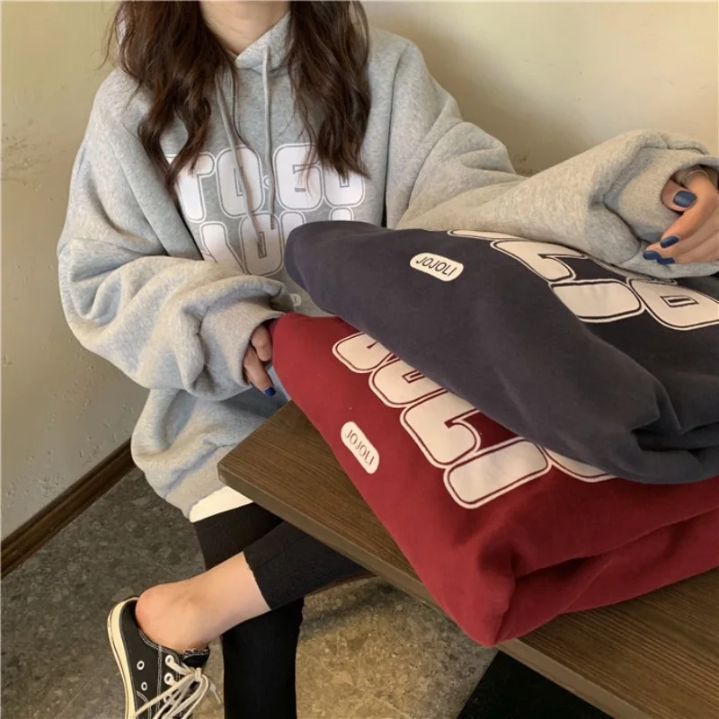 

Hooded Hoodies Women Print Letter Sweatshirt Pullovers Spliced Draw String Long Sleeve High Street Loose Fit 2025 Autumn