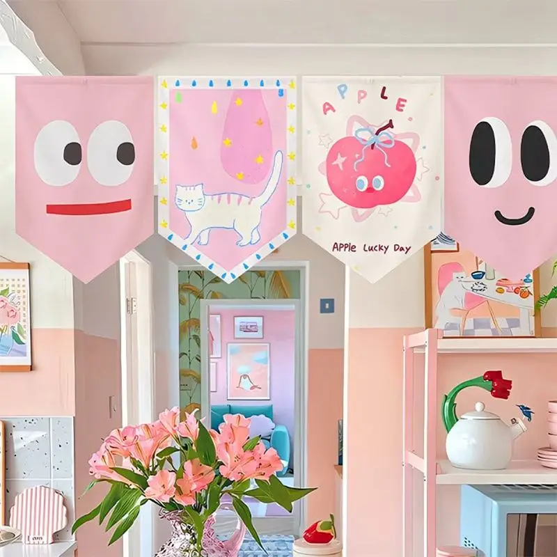 VIKAMA Pink Smile Apple Cat Bunting Triangle Curtain, 6 Designs, Doorway Decor for Bedroom Living Room Kitchen