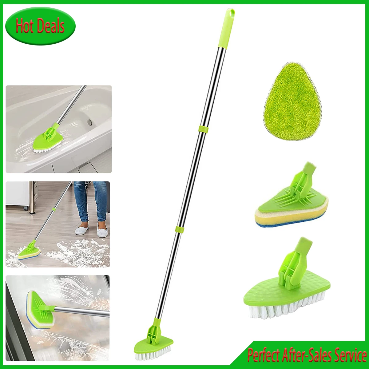 3 in 1 Long Handle Tile Scrubber Cleaning Brush Triangle Sponge Glass Wiper 180° Rotatable Retractable Bathroom Floor Cleaning