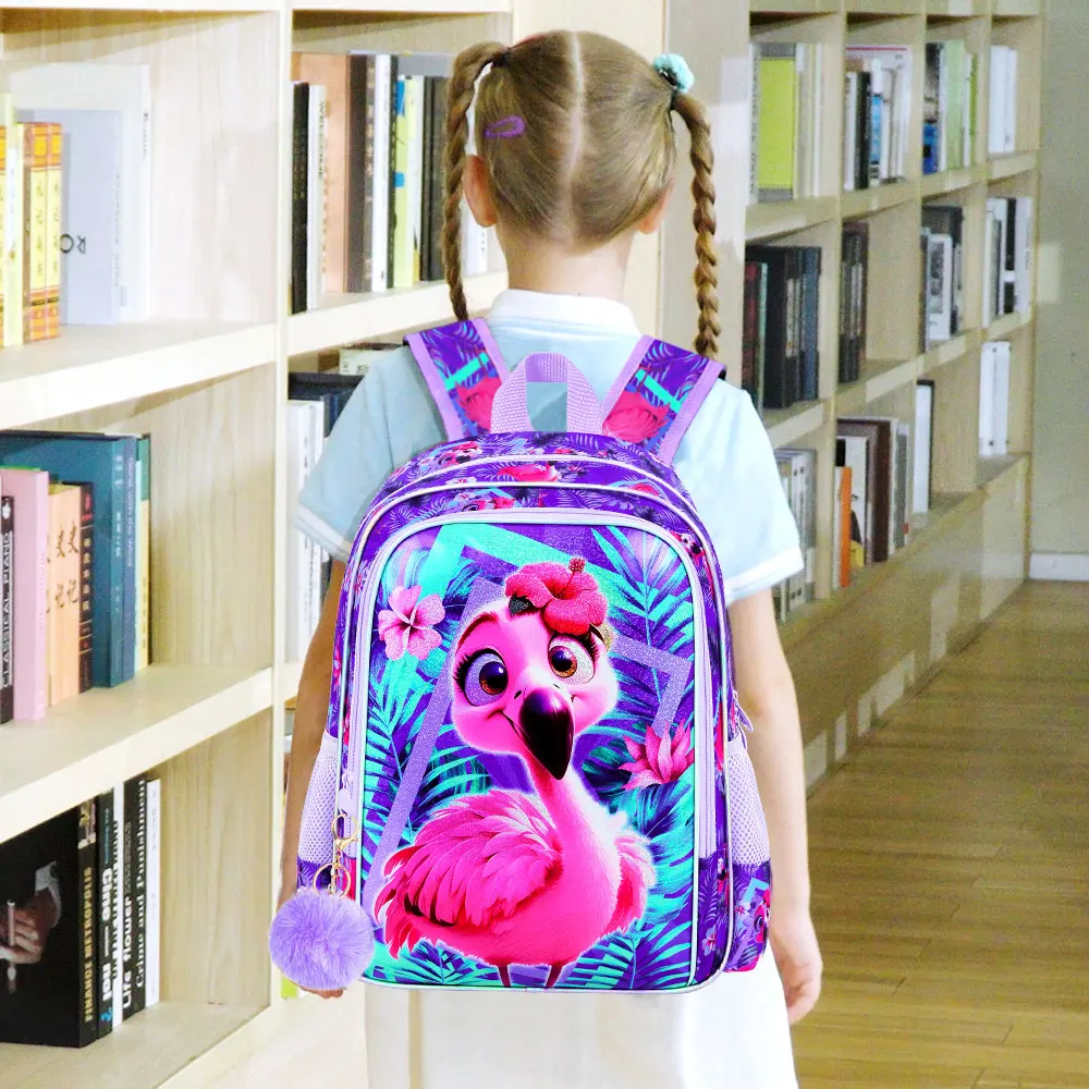 3Pcs 16 Inch Girls Backpack Set, Cute Purple Flamingo School Bag with Lunch Bag & Pencil Pouch, Lightweight Elementary Bookbag
