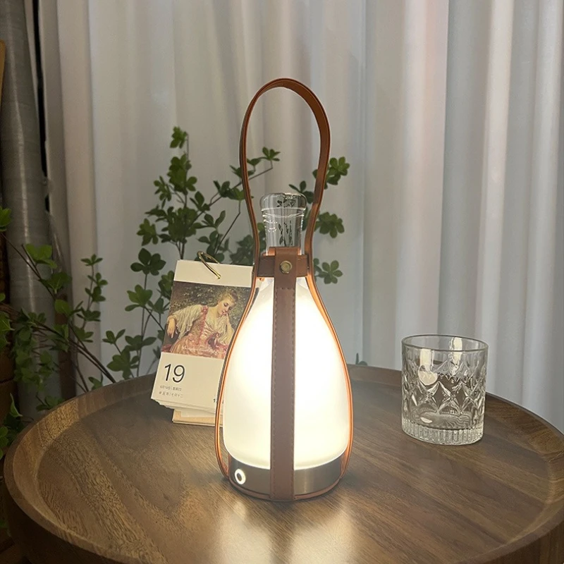 Modern Minimalist LED Desk Lamp Bedroom Bedside Ambient Lighting Wine Bottle Wireless Touch Leather Dimming Charging Table Light