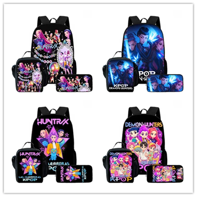Cartoon K-P-op D-em-on Hu-nte-r-s Kinderschulrucksack mit Lunchtaschen, Bleistifttaschen für Kinder, leichte Kinderschultaschen