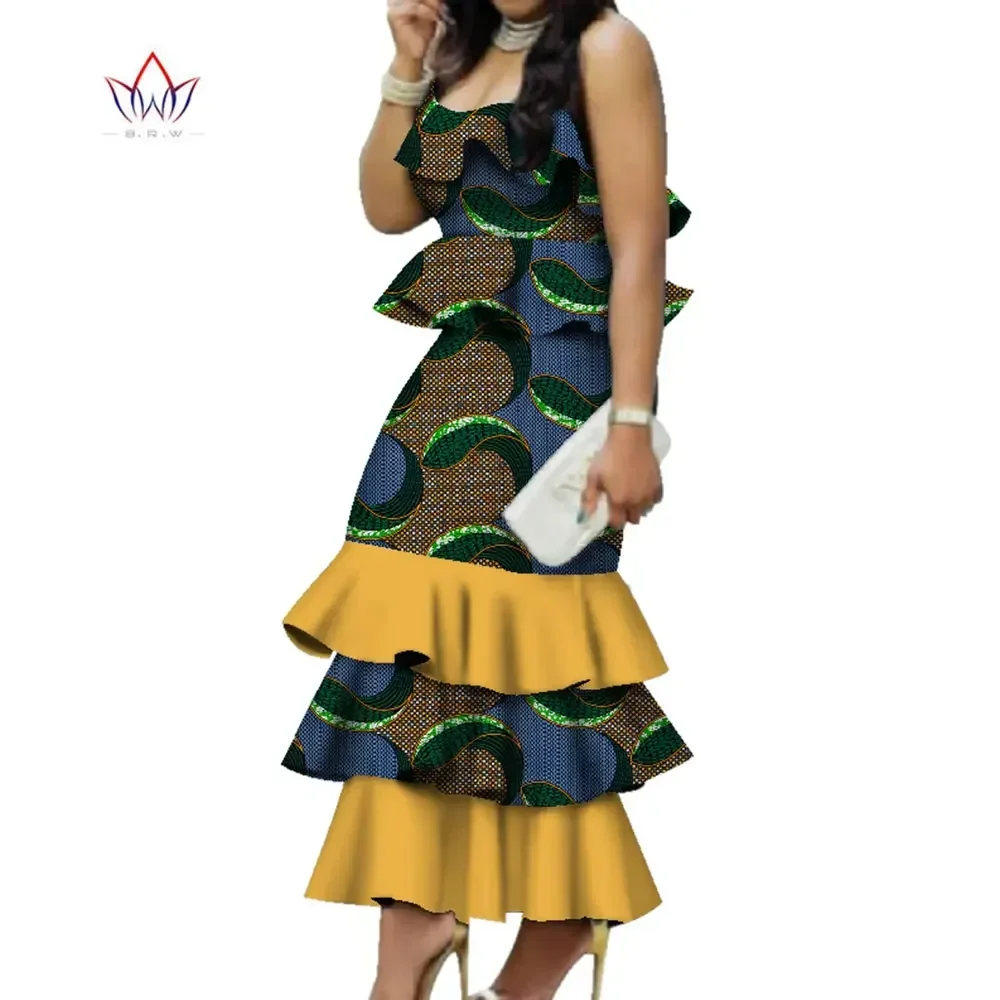 Fashion Multilayer Draped Print Top & Skirt Sets Bazin Riche African Wax Dresses for Women 2 Pieces Skirts Sets Clothing WY2767