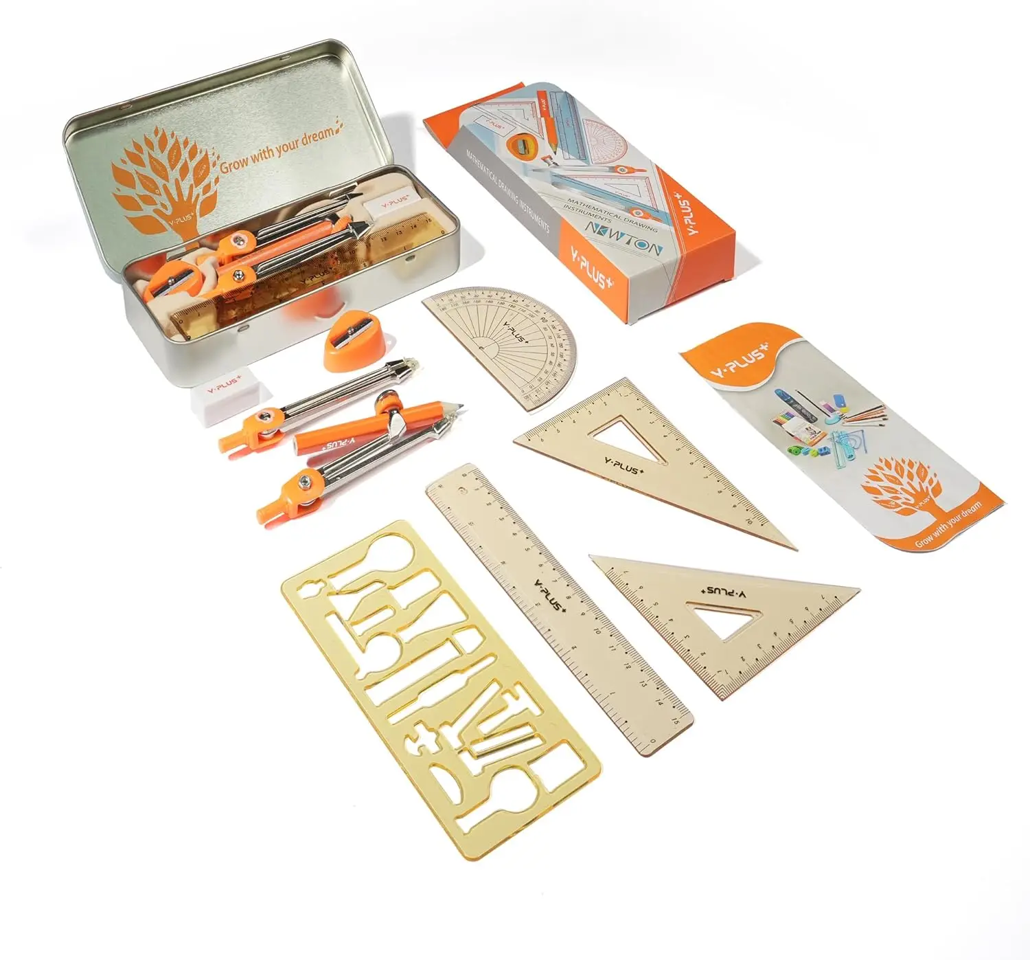 

11Pcs Geometry Set for Students, Math Protractor Compass Kit with Ruler, Eraser, Sharpener in Iron Box