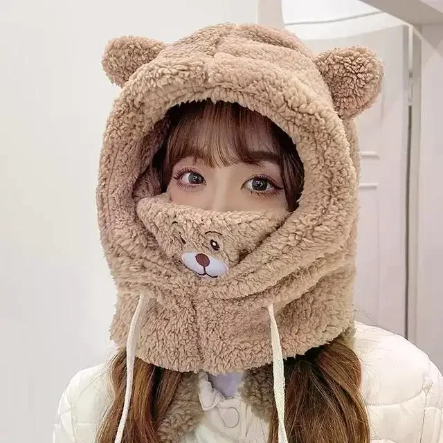 Gorro de dibujos animados de invierno con máscara, gorro de oso y cordero, gorros cálidos y gruesos con protección para los oídos, gorros para mujer y niña Kawaii