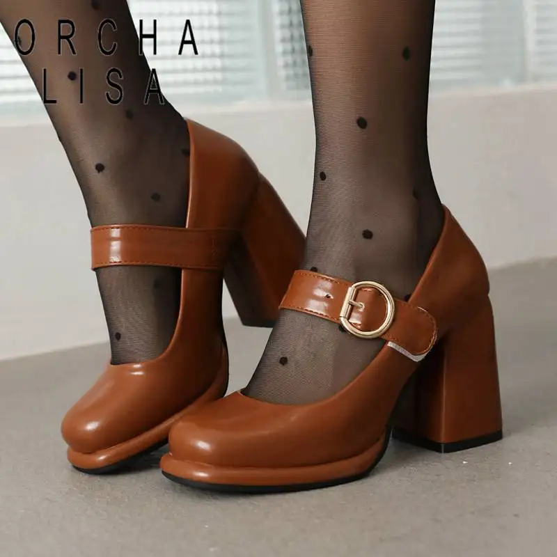 ORCHA LISA Office Lady Pumps Round Toe Chunky Heel 9cm Platform 1.5cm Buckle Strap Big Size 41 42 43 Classic Sexy Shoes Women