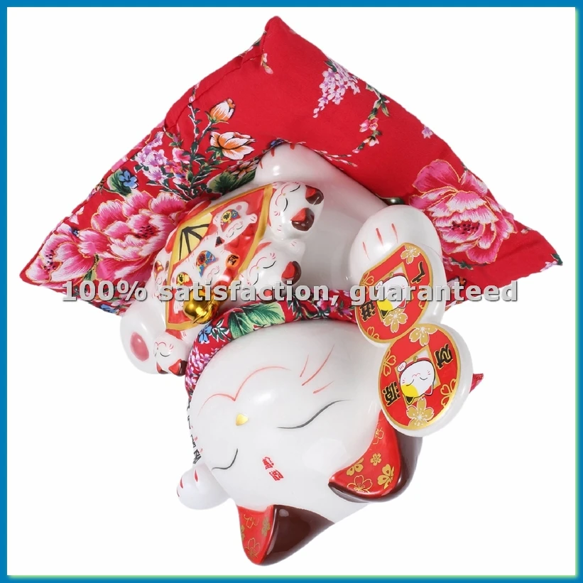 

7Inch Ceramic Beckoning Cat Maneki Ornament Feng Shui Decoration Swing ,C-AT35