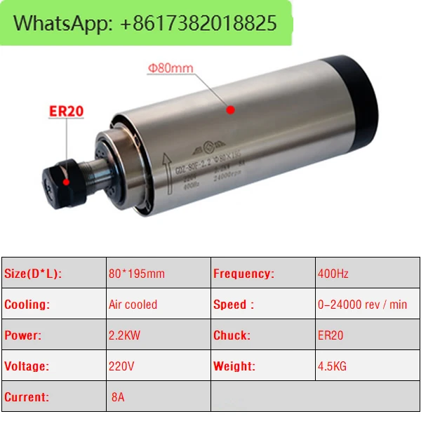 800W 1500W 2200W CNC Spindle Motor 220V Air Cooled Milling Machine Z Axis Shaft 1.5KW 2.2KW 65mm 80mm Diameter ER11 Collet Chuck view 6