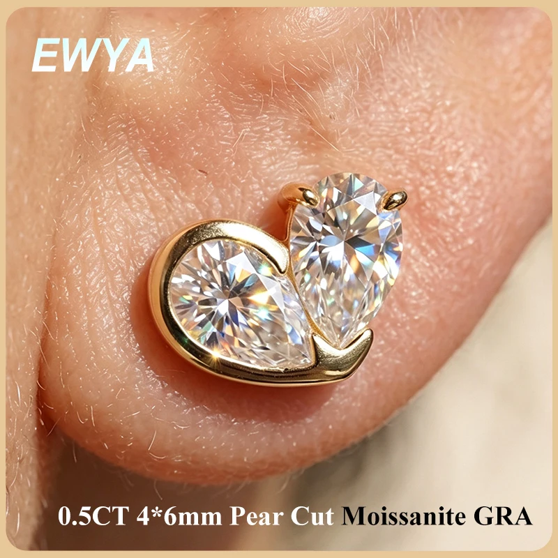 EWYA ToiMoi 0.5CT Pear Cut Moissanite Stud Earrings Women S925 Silver Spliced Heart Design Earring Dainty Party Jewelry Gift