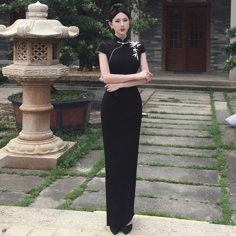 新しい中国風のチャイナドレス改良された中国服袍レディースヴィンテージブラックドレスマンダリンカラーチャイナドレス