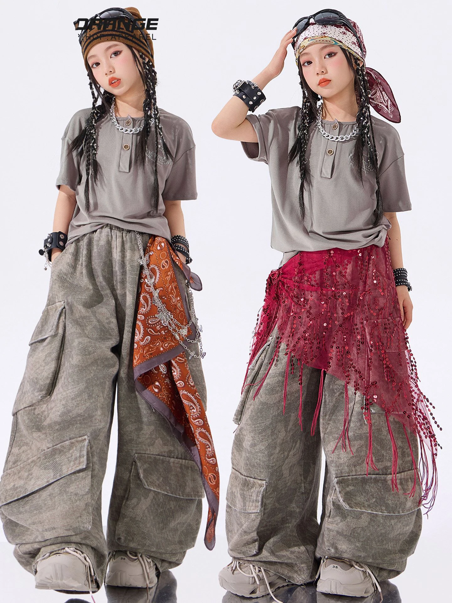 

Одежда для хип-хопа для девочек, костюм для джазовых танцев, серые топы с короткими рукавами, широкие брюки-карго, летний костюм для уличных танцев, тренировок и выступлений