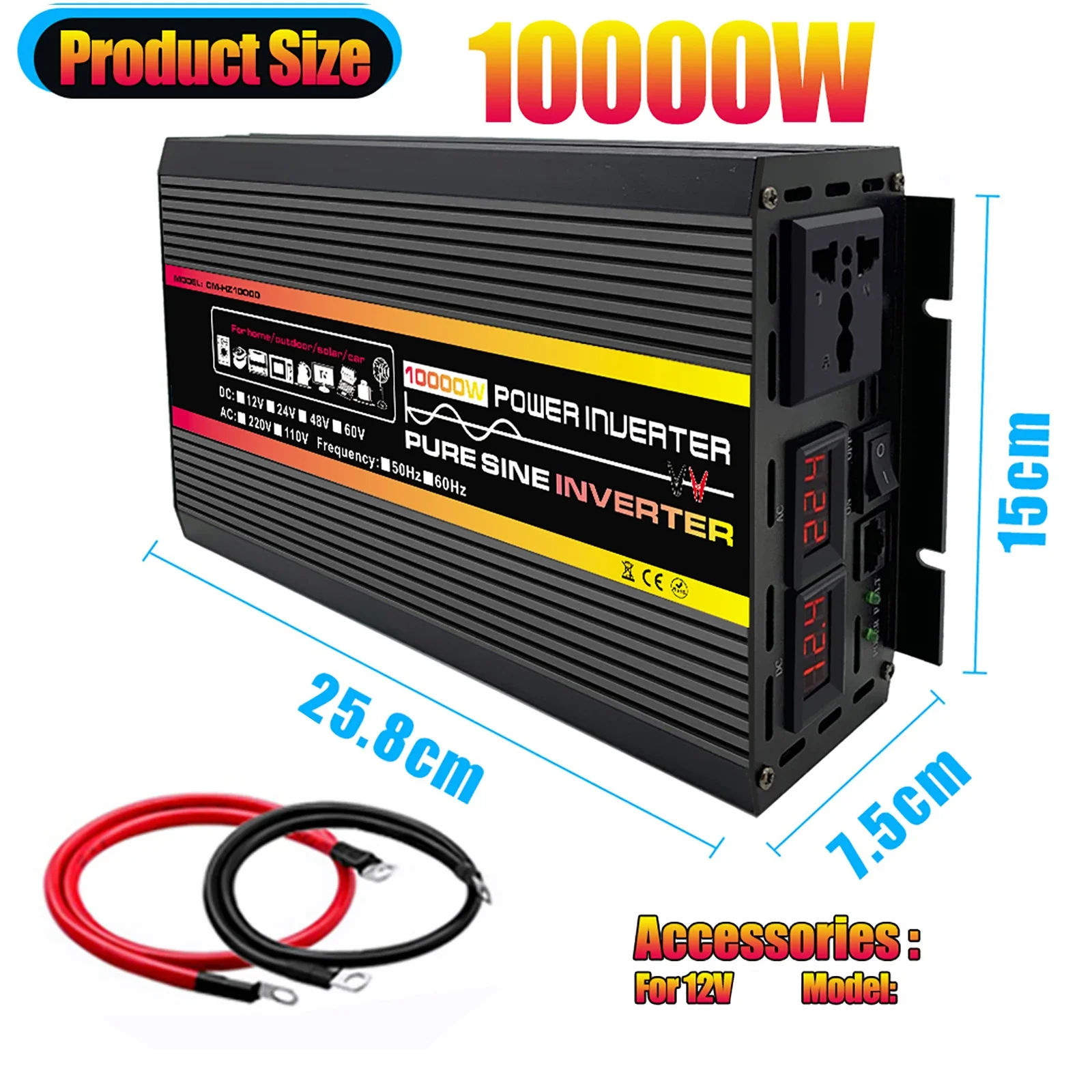 For 8000W/10000W Pure Sine Wave Power Inverter Voltage Transformer Intelligent Digital Display Car Home Outdoor DC12V-220V