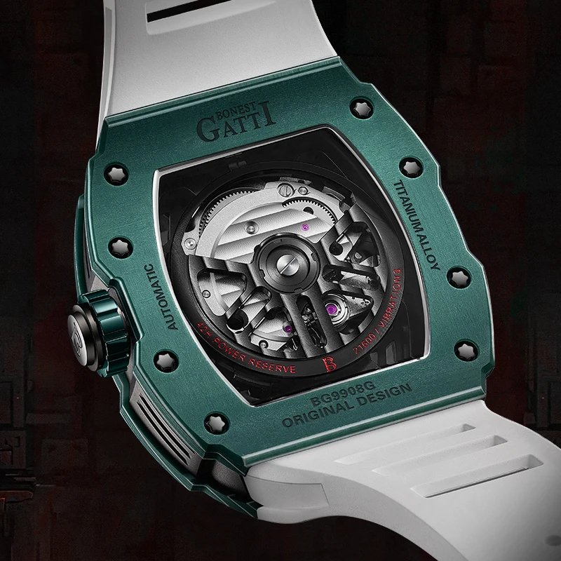 BONEST GATTI BG9908 Tonneau Skull Dial Automatic Watch Carbon Fiber Titanium Alloy Waterproof Viton Strap Men's Wristwatch