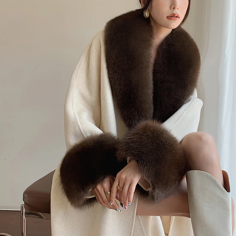 2023 Woolen fur, New Oversize Loose Cashmere Wool Blends Real Fur Coat Winter Jacket Women Natural Fox Fur Collar Cuff Long Oute