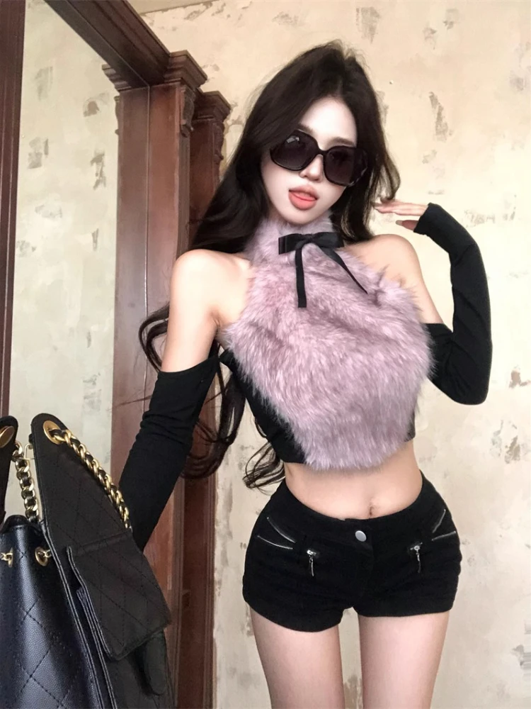 Sexy Furry Patchwork Half High Collar Tshirts Women Off Shoulder Fashion Korean Long Sleeve T-shirt New Crop Bodycon Y2k Tops