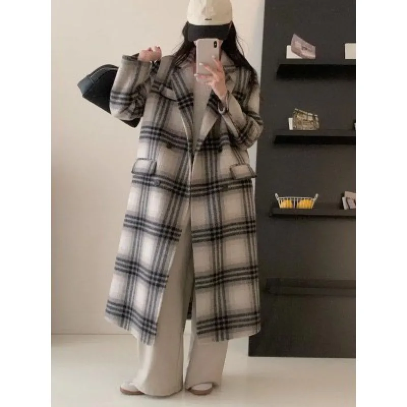 2023 autumn and winter new long-haired high-end Korean plaid double-sided coat women's extended tweed coat