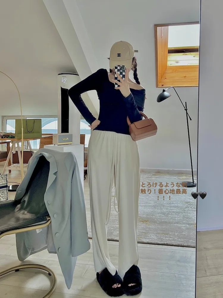 

Moizj Zheng ChunHua High Waist Wide Leg Casual Pants Women's Loose Fit Drawstring Copper Ammonia Silk Floor Length Trousers