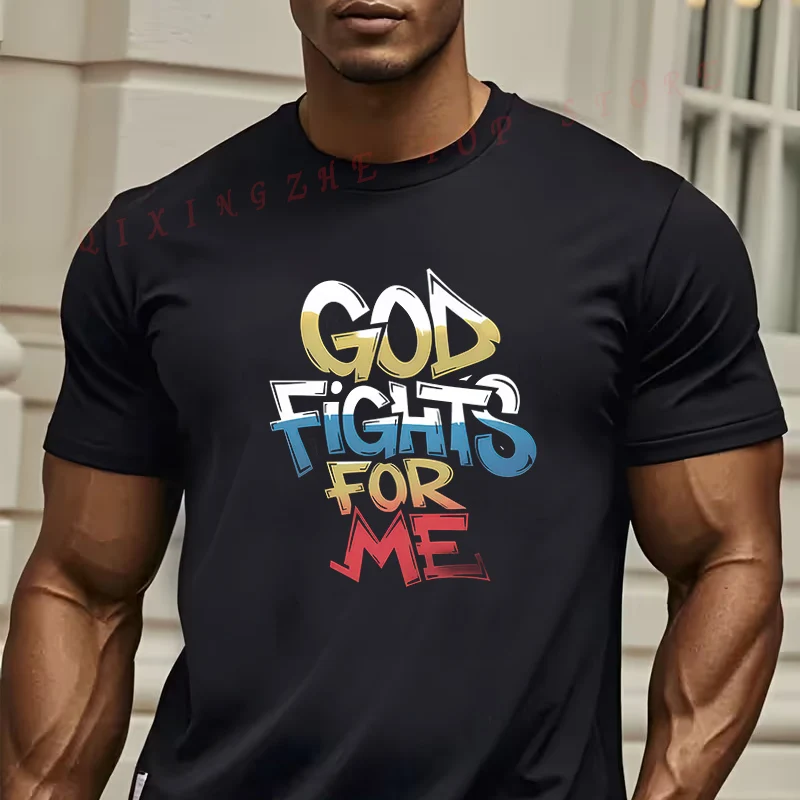 

2026 New Men'S God Fights for Me Graphic T-Shirt Vintage Style Pattern Men's and Women's Casual Comfort Short Sleeve Top Tees