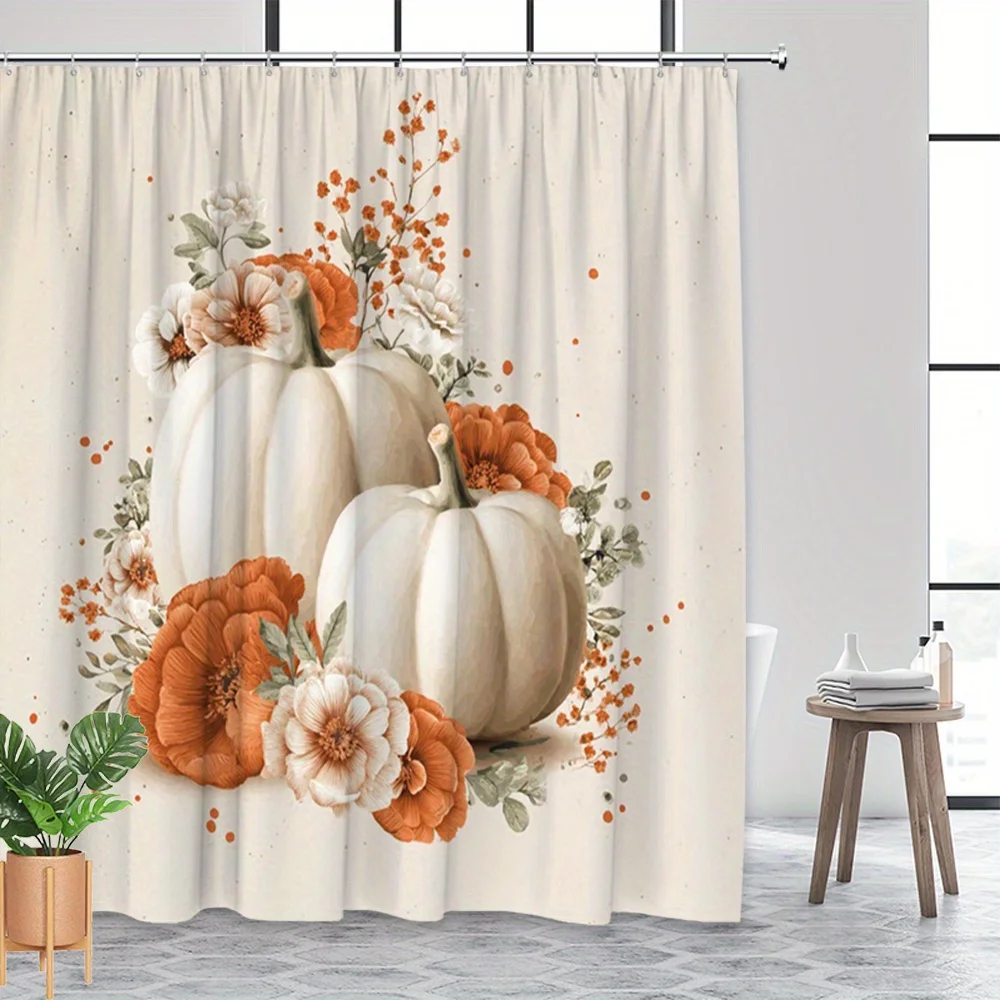 Halloween Pumpkin Floral Shower Curtain 12 Hooks Rustic Farmhouse Autumn Spooky Bathroom Decor Christmas Thanksgiving Decor Gift