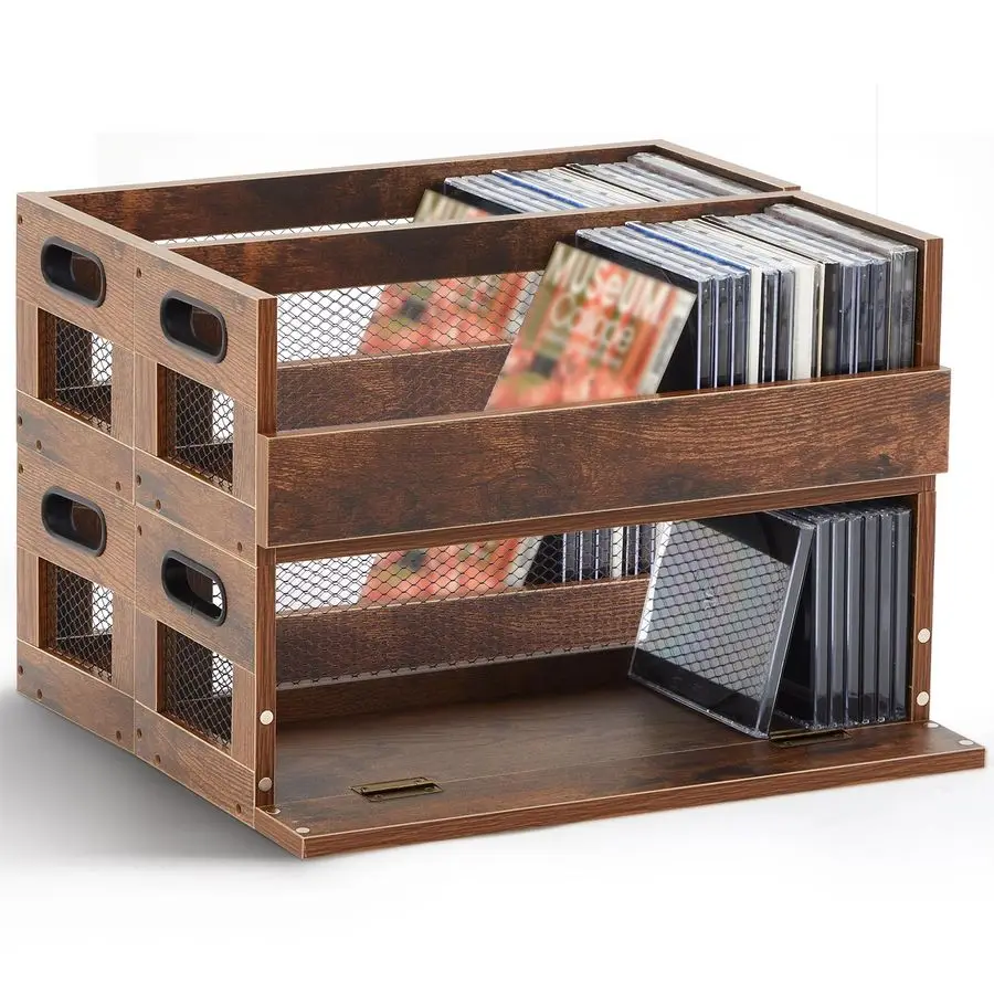 

4 Set Retro Cd Storage Box Holder Shelf Metal amp Wooden Display Racks with Carrying Handles, Cassette Tape Organizer Shelf for