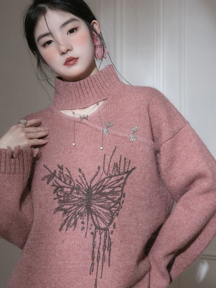 

Винтажный свитер с открытыми отверстиями и принтом бабушки, женский свободный вязаный джемпер с ленивым ветром, американский повседневный пуловер Harajuku Y2K, новый